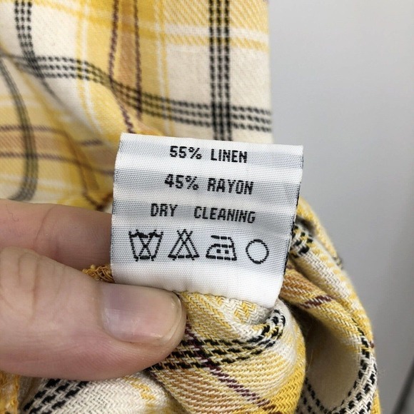Maltos Men’s Button Up Shirt Size L Plaid Linen Rayon Blend Short Sleeve Yellow - Picture 12 of 12